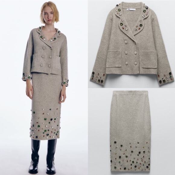NWT Zara Knit Beaded Jewel Embellished Blazer and Skirt 2 Piece Set. Rare.⭐️ - Picture 2 of 16